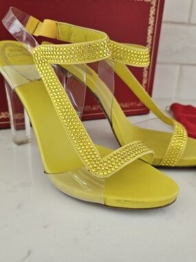 René Caovilla Vintage Yellow Strass Clear Block Heel Sandals, Size 38 (With Box